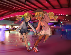 Size: 4339x3339 | Tagged: safe, artist:snowzaaah, applejack, rainbow dash, human, g4, digital art, female, humanized, lesbian, real life background, roller skates, ship:appledash, shipping