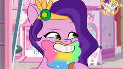 Size: 800x450 | Tagged: safe, screencap, pipp petals, pegasus, pony, g5, my little pony: tell your tale, pippsqueaks forever, spoiler:g5, spoiler:my little pony: tell your tale, spoiler:tyts01e28, animated, beard, devious smile, facial hair, female, gif, mare, narrowed eyes, plotting, rainbow colors, smiling, solo, sparkles, stroking, youtube link