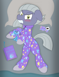 Size: 1556x2048 | Tagged: safe, artist:wingcommanderrudoji, limestone pie, earth pony, pony, g4, angry, bed, blushing, book, clothes, colored, ears back, female, flat colors, floppy ears, footed sleeper, footie pajamas, gritted teeth, implied trixie, looking at you, mare, onesie, pajamas, pillow, playing card, plushie, solo, tail, tail hole, teeth