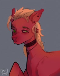 Size: 2345x2976 | Tagged: safe, artist:jaynsparkle, sprout cloverleaf, earth pony, pony, g5, choker, ear piercing, eyebrow piercing, film grain, gray background, high res, jewelry, male, necklace, nose piercing, nose ring, piercing, simple background, solo, spiked choker, stallion, tongue out, tongue piercing