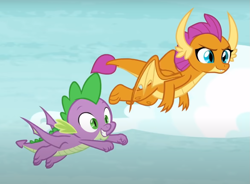 Size: 979x719 | Tagged: safe, screencap, smolder, spike, dragon, father knows beast, g4, cropped, dragoness, duo, female, flying, male, winged spike, wings