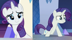 Size: 1280x720 | Tagged: safe, edit, edited screencap, screencap, rarity, changeling, pony, unicorn, g4, to where and back again, comparison, disguise, disguised changeling, fake rarity