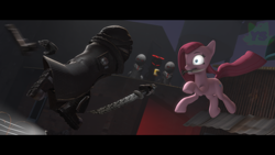 Size: 1920x1080 | Tagged: safe, artist:yrbertthecat, pinkie pie, earth pony, human, pony, g4, 2fort, 3d, auditor, clothes, crossover, food, glasses, gloves, gun, handgun, hank j. wimbleton, knife, madness combat, motion blur, mouth hold, night, ninja, pink hair, pinkamena diane pie, pistol, popcorn, poster, source filmmaker, sword, this will end in death, this will end in tears, this will end in tears and/or death, watermark, weapon
