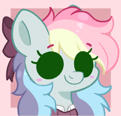 Size: 480x459 | Tagged: safe, artist:cinnamontee, oc, oc only, oc:blazey sketch, blushing, bow, bust, clothes, commission, green eyes, grey fur, hair bow, minimalist, multicolored hair, portrait, simple background, smiling, solo, sweater