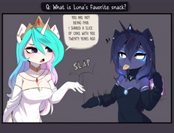 Size: 2999x2295 | Tagged: safe, artist:magnaluna, princess celestia, princess luna, alicorn, anthro, ask, blushing, chips, duo, food, half body, looking at each other, looking at someone, mouth hold, question, slap, speech bubble