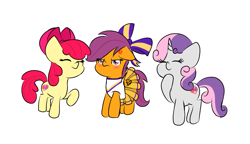 Size: 1735x1000 | Tagged: safe, artist:girlduog, apple bloom, scootaloo, sweetie belle, earth pony, pegasus, pony, unicorn, g4, apple bloom's bow, blushing, bow, cheerleader, cheerleader outfit, clothes, cross-popping veins, cutie mark crusaders, emanata, eyes closed, female, filly, floppy ears, foal, hair bow, scootaloo also dresses in style, scootaloo is not amused, simple background, smiling, the cmc's cutie marks, tomboy, tomboy taming, trio, unamused, white background