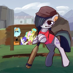 Size: 2000x2000 | Tagged: safe, artist:solid shrimp, fluttershy, marble pie, rainbow dash, rarity, sunshower raindrops, oc, oc:peachy, earth pony, pony, g4, /mlp/ tf2 general, baseball bat, crossover, high res, koth viaduct, leaning, scout (tf2), solo, team fortress 2