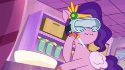 Size: 3410x1920 | Tagged: safe, screencap, pipp petals, pegasus, pony, g5, my little pony: tell your tale, pippsqueaks forever, spoiler:g5, spoiler:my little pony: tell your tale, spoiler:tyts01e28, eyes closed, female, goggles, high res, mare, solo, wavy mouth, youtube link