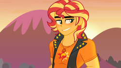 Size: 4000x2250 | Tagged: safe, artist:orin331, sunset shimmer, human, equestria girls, g4, clothes, equestria guys, geode of empathy, grin, leather, leather vest, looking away, magical geodes, male, rule 63, smiling, sun, sunset, sunset glare, sunset shimmer day, vest
