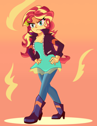 Size: 1700x2200 | Tagged: safe, artist:lifes-remedy, sunset shimmer, human, equestria girls, g4, boots, clothes, female, frown, hand on hip, high heel boots, pants, shoes, solo, unamused
