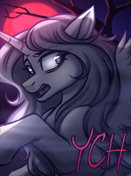 Size: 1657x2229 | Tagged: safe, artist:kannakiller, oc, pony, auction, auction open, commission, digital art, fog, frightened, horn, looking back, moon, sketch, solo, wings, wood, ych example, ych sketch, your character here