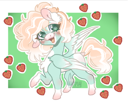 Size: 1206x966 | Tagged: source needed, safe, artist:curryrice, oc, oc only, oc:popmint clouds, pegasus, pony, blushing, chest fluff, food, open mouth, solo, strawberry