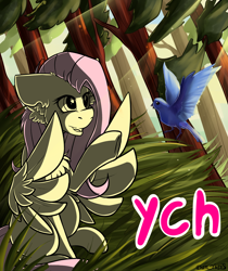 Size: 1576x1874 | Tagged: safe, artist:yuris, oc, oc only, bird, pony, advertisement, auction, commission, cute, ear fluff, ears back, forest, grass, not fluttershy, smiling, solo, spread wings, tree, wings, ych sketch, your character here