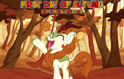 Size: 2064x1321 | Tagged: safe, artist:iknowpony, artist:not-yet-a-brony, autumn blaze, kirin, g4, 2022, a kirin tale, autumn, eyes closed, forest, open mouth, raised hoof, september, singing, smiling, youtube link in the description
