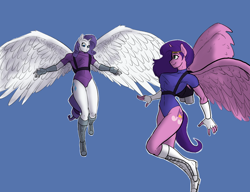 Size: 2340x1800 | Tagged: safe, artist:volbert, pipp petals, rarity, alicorn, anthro, g5, alicornified, blue background, clothes, duo, duo female, female, flying, jetpack, leotard, pippcorn, race swap, raricorn, simple background, spread wings, wings
