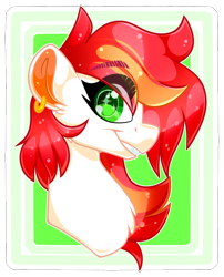 Size: 1046x1293 | Tagged: safe, artist:missbramblemele, oc, oc only, pony, bust, chest fluff, ear piercing, earring, eye clipping through hair, eyebrows, eyebrows visible through hair, female, grin, jewelry, looking at you, mare, piercing, portrait, smiling, solo