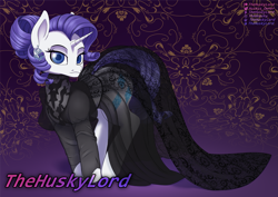 Size: 2543x1797 | Tagged: safe, artist:thehuskylord, rarity, pony, unicorn, black dress, clothes, dress, embroidery, female, horn, jewelry, looking at you, mare, multiple variants, see-through, smiling, solo
