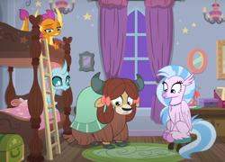 Size: 956x687 | Tagged: safe, screencap, ocellus, silverstream, smolder, yona, changedling, changeling, classical hippogriff, dragon, hippogriff, yak, g4, school raze, bow, bunk bed, cloven hooves, colored hooves, cropped, dormitory, dragoness, female, group, hair bow, jewelry, ladder, looking down, monkey swings, necklace, quartet, stool, window