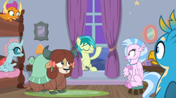 Size: 1600x898 | Tagged: safe, screencap, gallus, ocellus, sandbar, silverstream, smolder, yona, changedling, changeling, classical hippogriff, dragon, earth pony, griffon, hippogriff, pony, yak, g4, school raze, bow, bunk bed, cloven hooves, colored hooves, crowbar, dormitory, dragoness, eyes closed, female, hair bow, jewelry, male, monkey swings, necklace, stool, student six, window