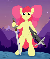 Size: 6000x7000 | Tagged: safe, artist:stormythetrooper, apple bloom, earth pony, pony, g4, absurd resolution, bipedal, crossbow, female, filly, foal, hoof hold, solo, sword, weapon