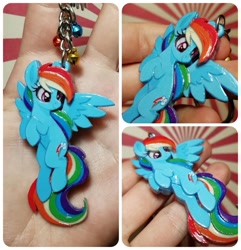 Size: 1043x1080 | Tagged: safe, artist:made_by_franch, rainbow dash, pegasus, pony, g4, commission, cute, cyrillic, dashabetes, female, flying, hand, handmade, holding, irl, keychain, looking down, mare, merchandise, photo, sale, smiling, solo, spread wings, ukrainian, wings