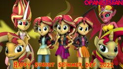 Size: 3840x2160 | Tagged: safe, artist:optimussparkle, sunset shimmer, human, pony, unicorn, equestria girls, g4, my little pony equestria girls: better together, 3d, crown, daydream shimmer, geode of empathy, high res, human ponidox, jewelry, magical geodes, multeity, regalia, self paradox, self ponidox, shimmerstorm, source filmmaker, sunset satan, sunset shimmer day