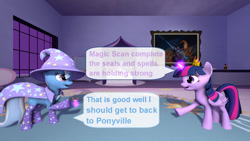 Size: 1920x1080 | Tagged: safe, artist:ask-the-luna-knight, trixie, twilight sparkle, alicorn, pony, unicorn, g4, 3d, alicorn amulet, crown, jewelry, regalia, source filmmaker, speech bubble, text, twilight sparkle (alicorn)