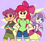 Size: 1157x1041 | Tagged: safe, artist:cookieboy011, apple bloom, scootaloo, sweetie belle, human, equestria girls, g4, apple bloom's bow, bow, clothes, crossed arms, cutie mark crusaders, hair bow, hand on hip, jacket, open mouth, open smile, shirt, shorts, skirt, smiling, t-shirt