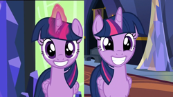 Size: 1920x1080 | Tagged: safe, edit, edited screencap, screencap, twilight sparkle, alicorn, changeling, pony, season 5, season 6, to where and back again, what about discord?, 1080p, coincidence i think not, comparison, cute, disguise, disguised changeling, faic, fake twilight, female, looking at you, mare, smiling, solo, twiabetes, twilight sparkle (alicorn), twilight's castle