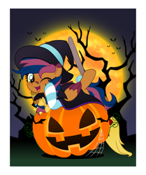Size: 4188x5000 | Tagged: safe, artist:jhayarr23, oc, oc only, oc:solar comet, pegasus, pony, bandaid, bow, clothes, costume, cute, disguised changedling, halloween, halloween costume, hat, holiday, jack-o-lantern, one eye closed, pumpkin, sock, socks, solo, striped socks, tail, tail bow, wink, witch costume, witch hat