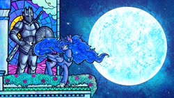 Size: 3840x2160 | Tagged: safe, artist:facadeart, princess luna, alicorn, human, fanfic:the lunar guardsman, g4, armor, balcony, commission, duo, ethereal mane, fanfic art, fimfiction, fimfiction.net link, flower, high res, jewelry, moon, regalia, shield, stained glass, starry mane, starry night, sword
