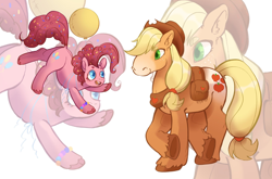 Size: 2048x1351 | Tagged: safe, artist:pink lemonade, applejack, pinkie pie, earth pony, pony, g4, bag, balloon, bracelet, crossed hooves, duo, duo female, ear fluff, female, floating, freckles, heart, heart eyes, hoers, jewelry, mare, open mouth, open smile, saddle bag, size difference, smiling, then watch her balloons lift her up to the sky, underhoof, unshorn fetlocks, wingding eyes, zoom layer