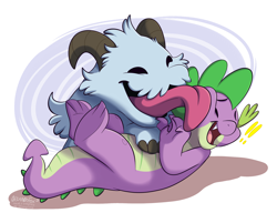 Size: 1838x1480 | Tagged: safe, artist:thedoggygal, spike, dragon, poro, g4, cute, laughing, league of legends, licking, simple background, spikabetes, squishy cheeks, tongue out, white background