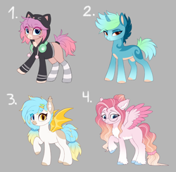 Size: 3700x3612 | Tagged: safe, artist:luminousdazzle, oc, oc only, bat pony, earth pony, pegasus, pony, unicorn, adoptable, clothes, design, female, hair tie, headphones, heterochromia, high res, hoodie, mare, markings, raised hoof, shy, simple background, smiling, socks, spread wings, striped socks, wings