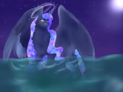 Size: 4057x3027 | Tagged: safe, artist:inisealga, princess luna, alicorn, pony, g4, commission, female, halo, mare, moon, night, night sky, outdoors, sky, solo, spread wings, water, wings