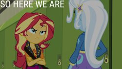 Size: 1920x1080 | Tagged: safe, edit, edited screencap, editor:quoterific, screencap, sunset shimmer, trixie, human, equestria girls, equestria girls specials, g4, my little pony equestria girls: better together, my little pony equestria girls: forgotten friendship