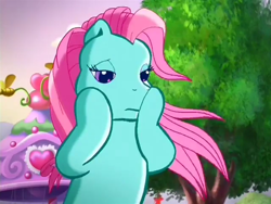 Size: 640x480 | Tagged: safe, screencap, minty, earth pony, pony, a very pony place, g3, positively pink, bipedal, boop, cute, female, fountain, frown, lidded eyes, mare, mintabetes, outdoors, party cake place, self-boop, solo, tree