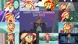 Size: 1978x1113 | Tagged: safe, edit, edited screencap, editor:quoterific, screencap, sunset shimmer, human, eqg summertime shorts, equestria girls, equestria girls series, forgotten friendship, friendship through the ages, g4, holidays unwrapped, let it rain, my little pony equestria girls: friendship games, my little pony equestria girls: legend of everfree, my little pony equestria girls: rainbow rocks, my past is not today, opening night, pet project, saving pinkie's pie, spring breakdown, spoiler:eqg series (season 2), belly button, bikini, clothes, female, legs, opening night: sunset shimmer, shorts, sleeveless, sunset shimmer day, swimsuit