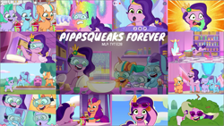 Size: 1975x1113 | Tagged: safe, edit, edited screencap, editor:quoterific, screencap, glory (g5), peach fizz, pipp petals, seashell (g5), sunny starscout, earth pony, pegasus, pony, unicorn, g5, my little pony: tell your tale, pippsqueaks forever, spoiler:g5, spoiler:my little pony: tell your tale, spoiler:tyts01e28, beard, facial hair, female, filly, foal, goggles, hat, lip gloss, mane stripe sunny, mare, microphone, open mouth, open smile, pippsqueak trio, pippsqueaks, safety goggles, smiling, smoothie, sunglasses