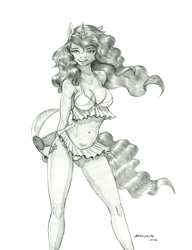 Size: 1000x1304 | Tagged: safe, artist:baron engel, izzy moonbow, unicorn, anthro, g5, beach ball, belly button, bikini, breasts, busty izzy moonbow, clothes, female, looking at you, mare, monochrome, pencil drawing, simple background, solo, stupid sexy izzy moonbow, swimsuit, traditional art, white background