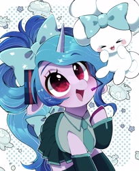 Size: 2894x3544 | Tagged: safe, artist:potetecyu_to, izzy moonbow, pony, unicorn, g5, anime, bow, cinnamoroll, clothes, cosplay, costume, crossover, cute, female, hair bow, hatsune miku, izzybetes, mare, open mouth, open smile, skirt, smiling, solo, vocaloid