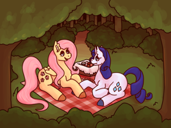 Size: 1280x960 | Tagged: safe, artist:theclister, fluttershy, rarity, pegasus, pony, unicorn, g4, female, forest, lesbian, looking at each other, looking at someone, mare, picnic, picnic blanket, ship:flarity, shipping