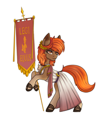 Size: 1402x1600 | Tagged: safe, artist:tanatos, oc, oc only, oc:autumn breeze, earth pony, pony, fanfic:the centurion project, banner, caligai, clothes, simple background, solo, standard, toga, white background, wreath