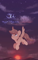 Size: 2614x4096 | Tagged: safe, artist:melodylibris, oc, oc only, pegasus, pony, collaboration, commission, female, flying, looking up, mare, solo, spread wings, sunset, text, wings, your character here
