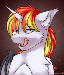 Size: 2400x2800 | Tagged: safe, artist:snowstormbat, oc, oc only, oc:light stream, alicorn, bat pony, pony, blood, bust, cheek fluff, chest fluff, ear fluff, fangs, high res, licking, male, portrait, solo, stallion, tongue out