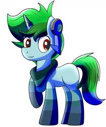 Size: 1089x1296 | Tagged: safe, artist:trackheadtherobopony, oc, oc:beats green, pony, unicorn, coat markings, headphones, simple background, socks (coat markings), solo, white background