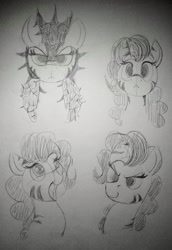 Size: 1512x2193 | Tagged: safe, artist:anonymous, oc, oc:rampage, earth pony, pony, fallout equestria, fallout equestria: project horizons, armor, bust, fanfic art, frown, glare, happy, paper, smiling, smirk, solo, spiked armor, traditional art