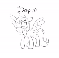 Size: 2048x2005 | Tagged: safe, artist:katputze, derpy hooves, pegasus, pony, black and white, cute, derpabetes, female, grayscale, looking at you, mare, monochrome, name, open mouth, open smile, simple background, sketch, smiling, smiling at you, solo, sparkles, spread wings, white background, wings