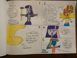 Size: 1280x960 | Tagged: safe, artist:sunsetfan123, rainbow dash, sunset shimmer, twilight sparkle, human, equestria girls, g4, alternate universe, brave, comic, crown, daydream shimmer, evil twilight, hammer, hero, jewelry, regalia, sledgehammer, sunset shimmer day, traditional art