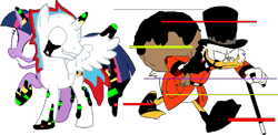 Size: 941x460 | Tagged: safe, editor:wonderwolf51, twilight sparkle, oc, oc:solar eclipse, g4, corrupted, ducktales, ducktales 2017, error, friday night funkin', glitch, pibby, scrooge mcduck